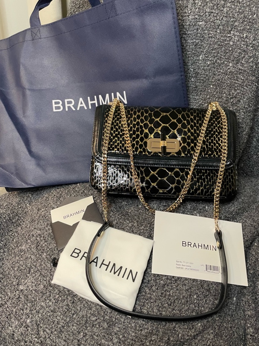 NWT Brahmin “Rosalie” Black Cavatica Snake-Embossed Bag with Gold Chain